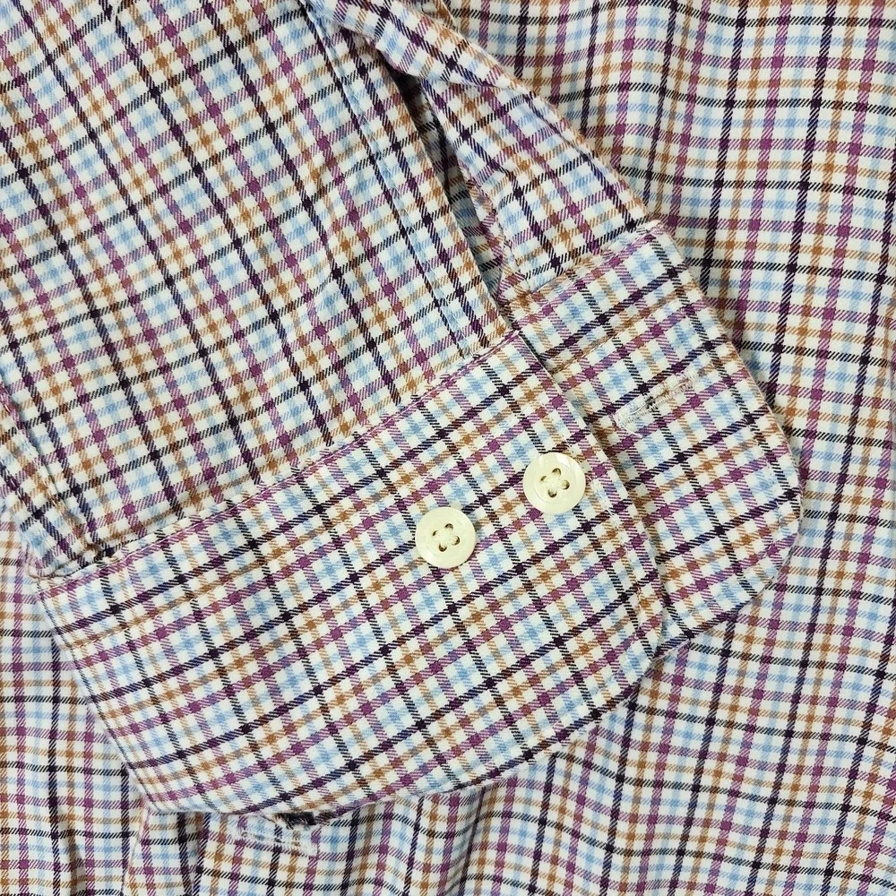 Peter Millar Shirt Adult Large Blue Brown Plaid Button Up Linen Cotton Mens - Picture 2 of 10